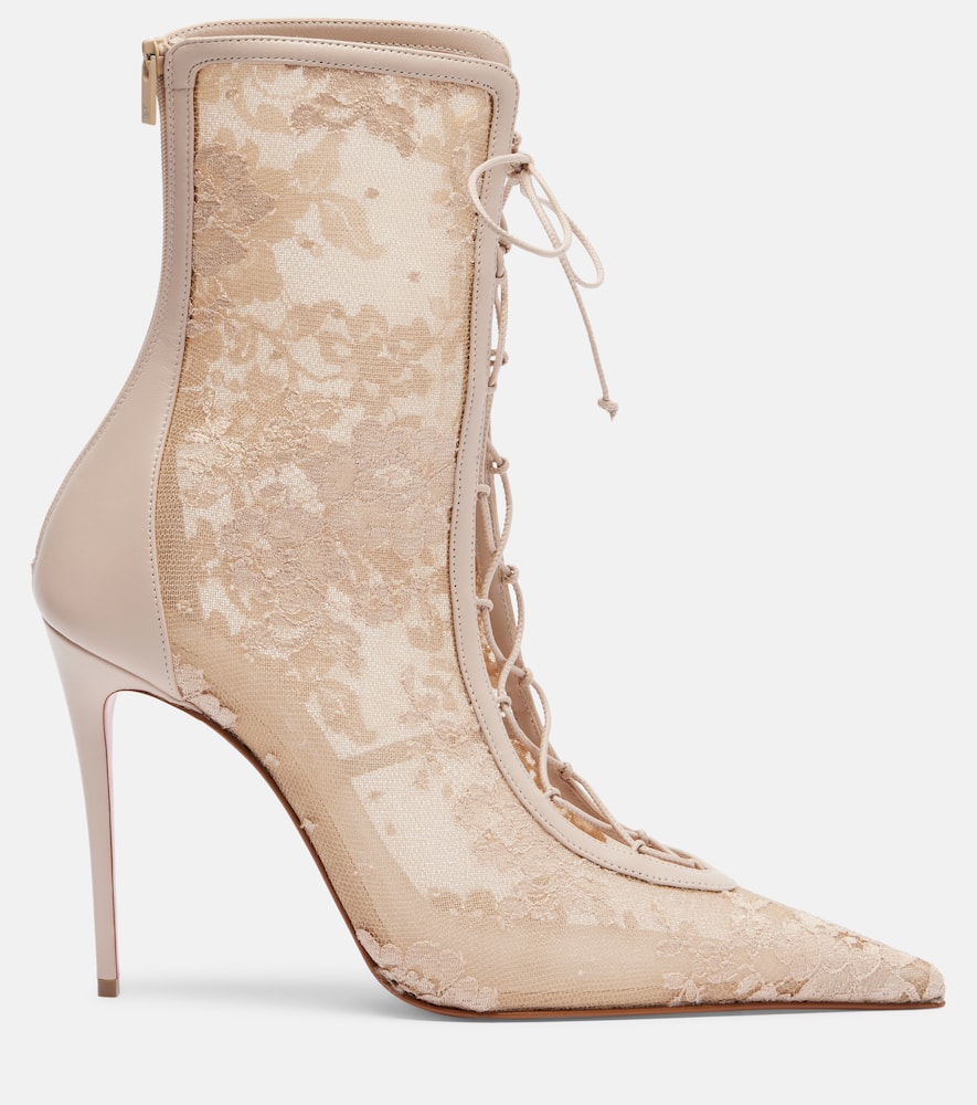 Christian Louboutin Km 100 Lace-trimmed Leather Ankle Boots In Brown