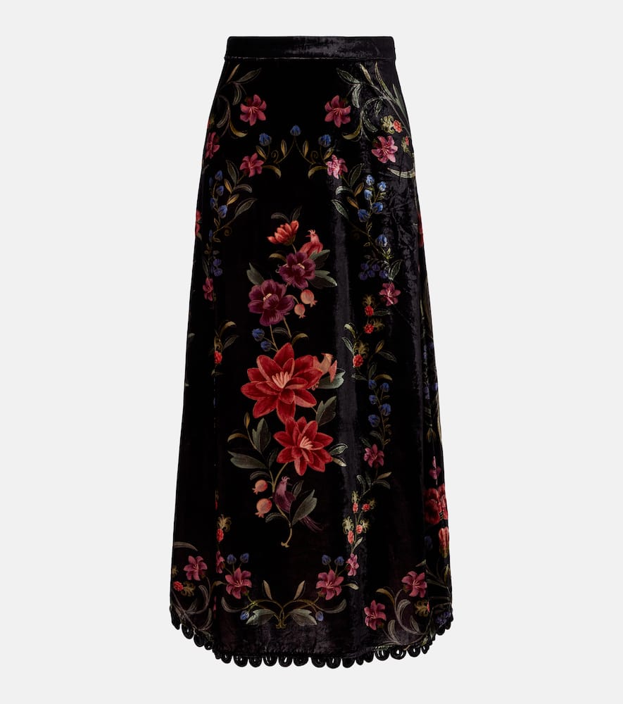 Farm Rio Floral Print Velvet Skirt In Black