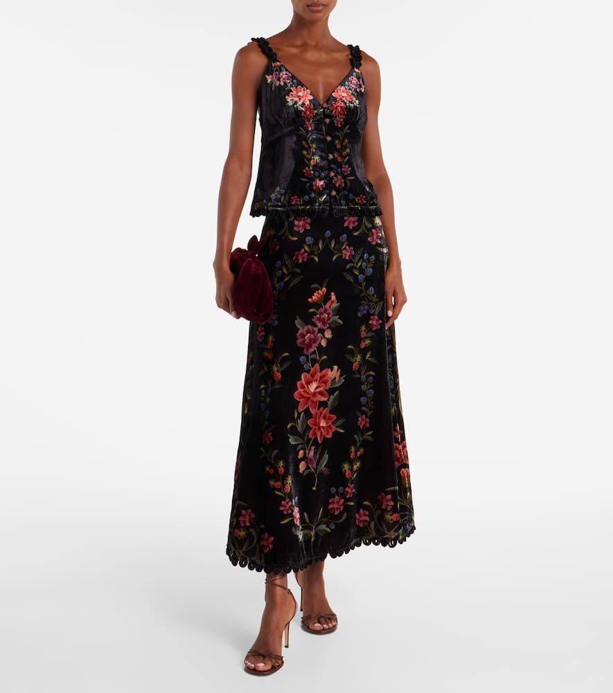 Farm Rio Floral Print Velvet Skirt In Black