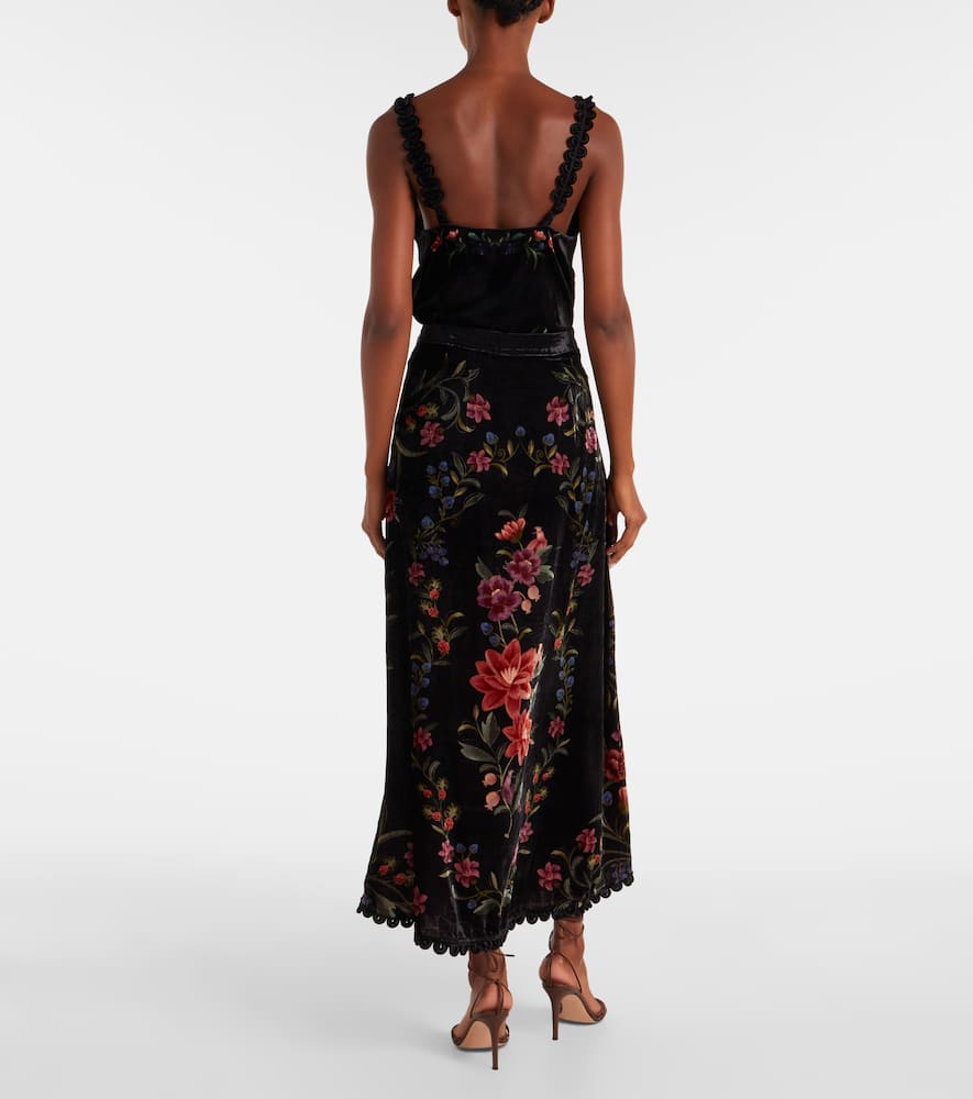 Farm Rio Floral Print Velvet Skirt In Black