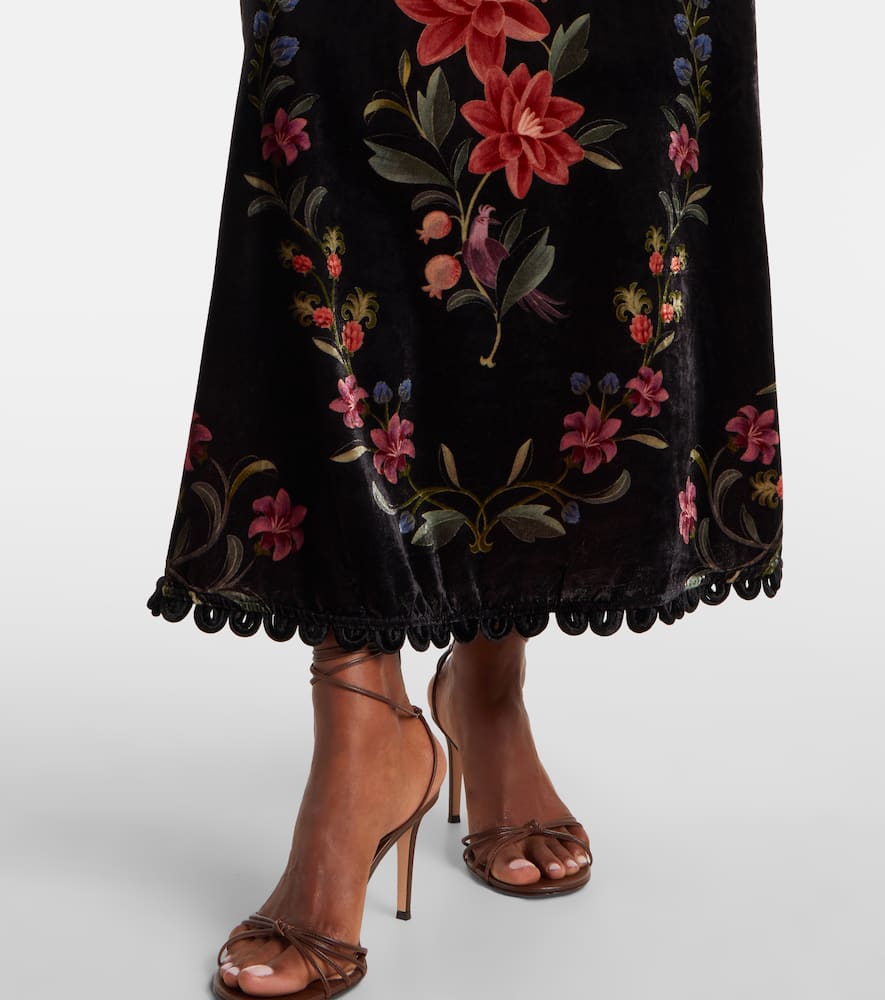 Farm Rio Floral Print Velvet Skirt In Black