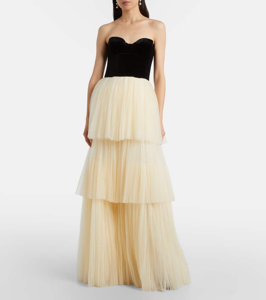 Costarellos Plissé Velvet-trimmed Tulle Gown In White