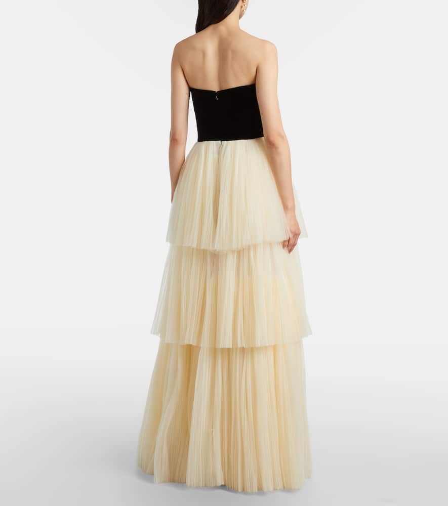 Costarellos Plissé Velvet-trimmed Tulle Gown In White