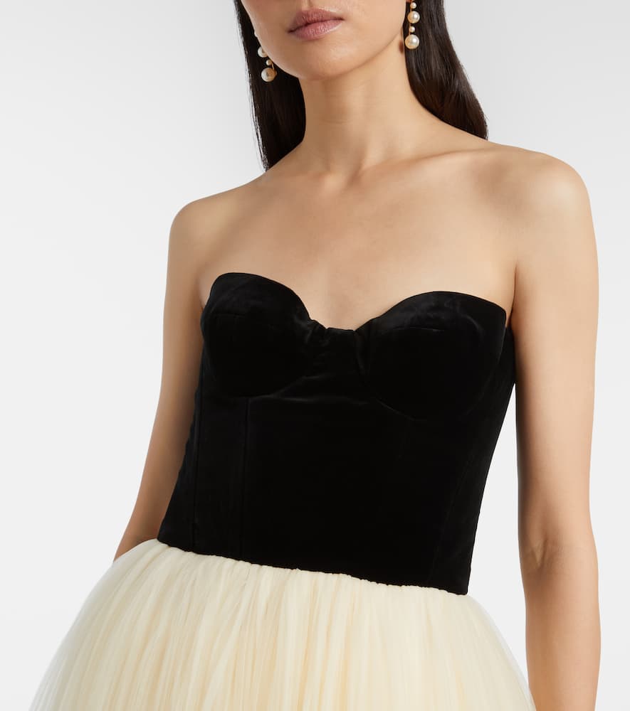 Costarellos Plissé Velvet-trimmed Tulle Gown In White