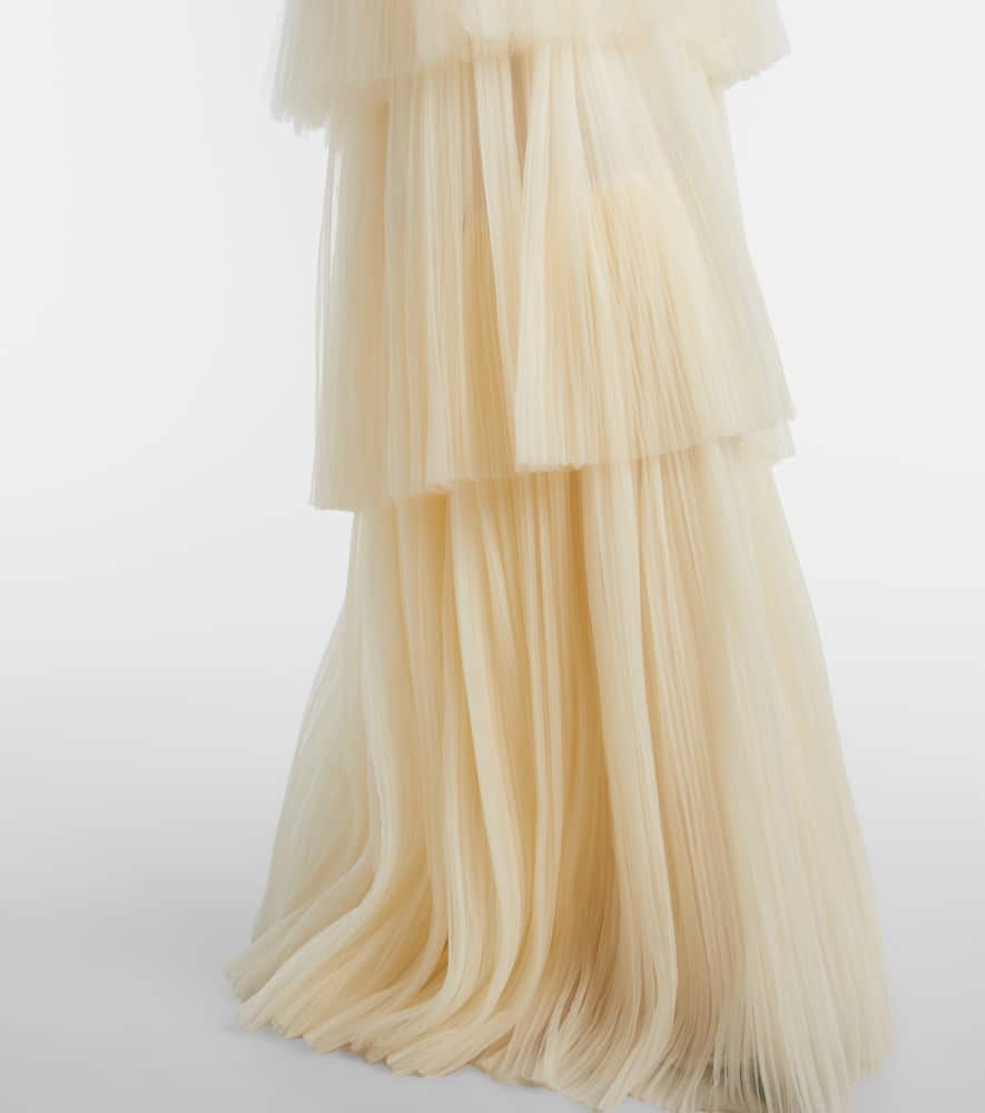 Costarellos Plissé Velvet-trimmed Tulle Gown In White