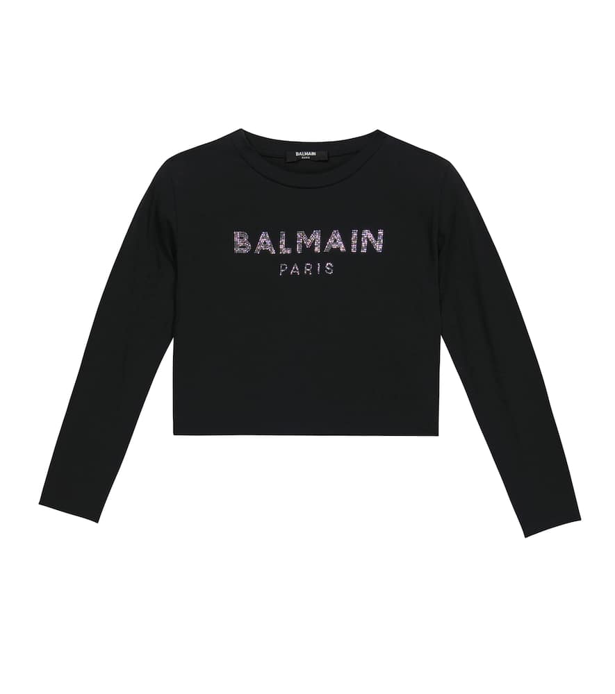 Balmain Kids' Embellished Cotton Crop Top In 930-nero