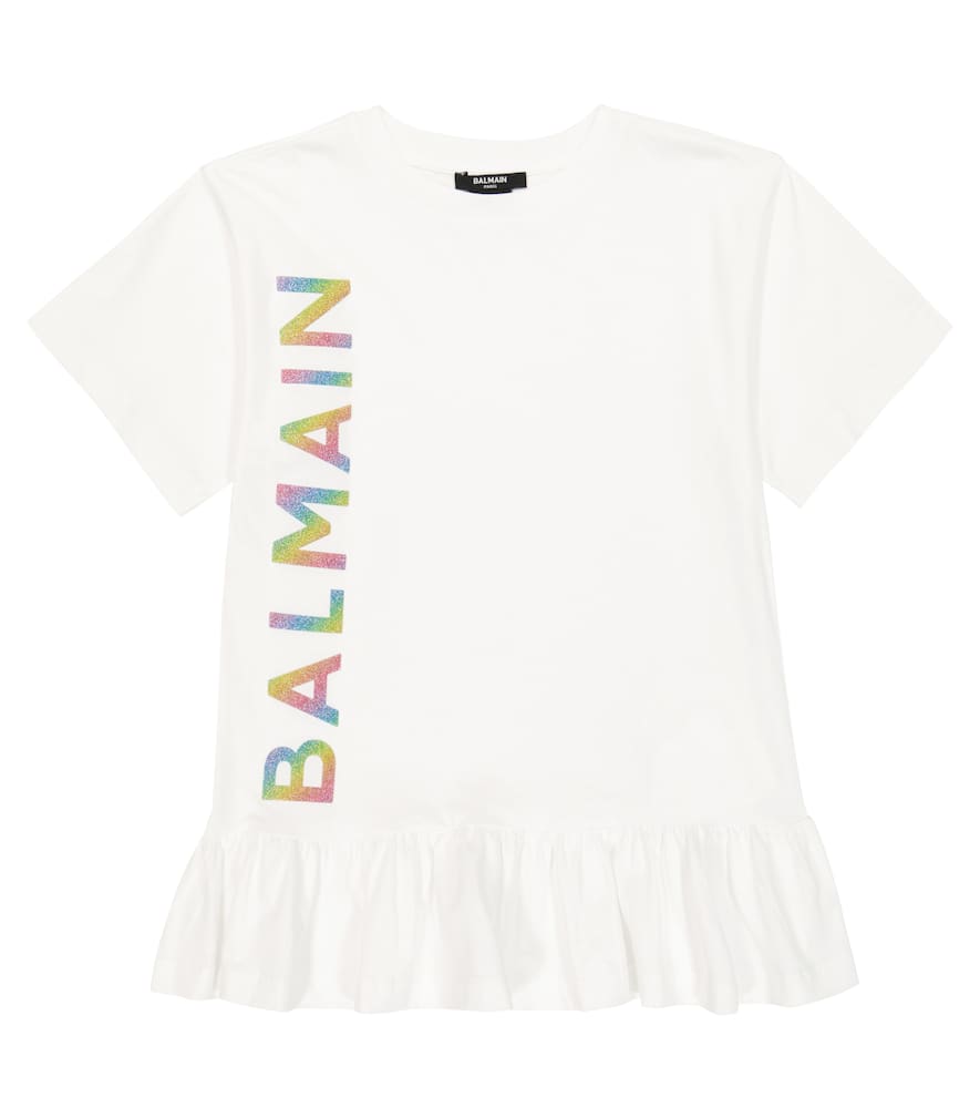 Balmain Kids' Glitter Logo Ruffle Hem Cotton T-shirt Dress In White