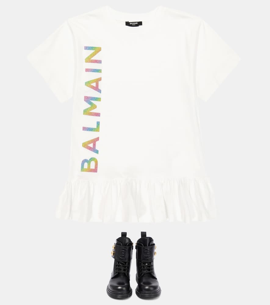 Balmain Kids' Glitter Logo Ruffle Hem Cotton T-shirt Dress In White