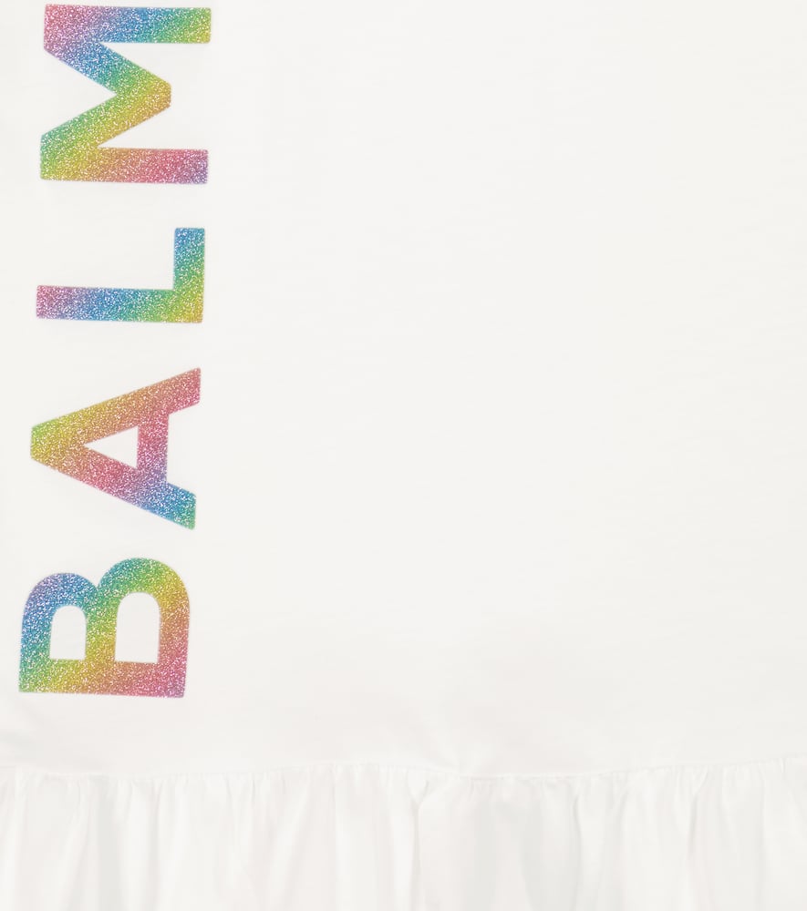 Balmain Kids' Glitter Logo Ruffle Hem Cotton T-shirt Dress In White