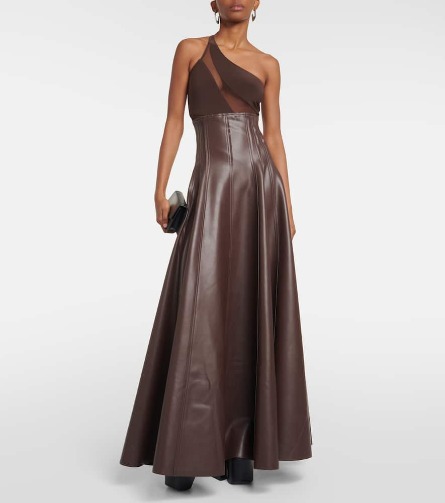 Shop Norma Kamali Grace Pleated Faux Leather Maxi Skirt In Brown