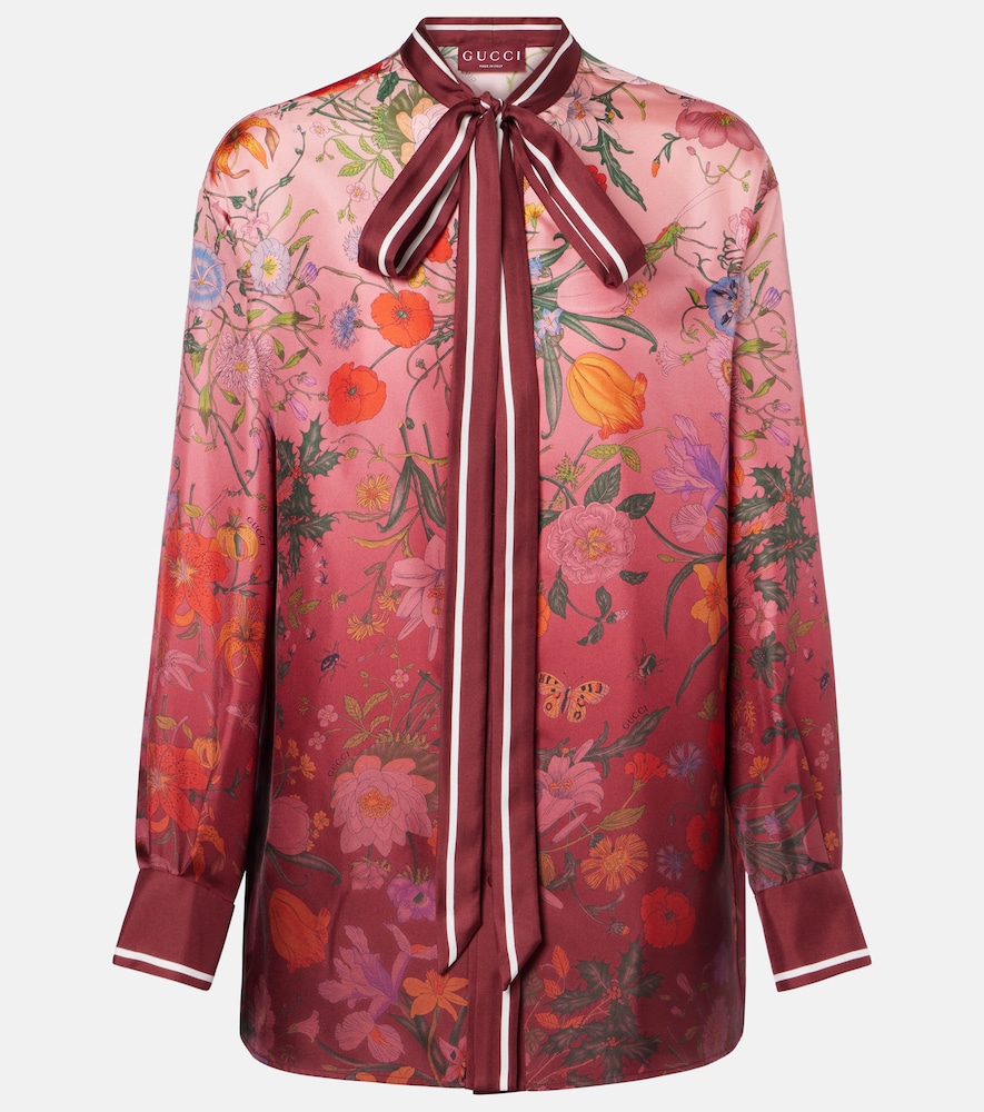Gucci Floral Tie-Neck Silk Shirt Pink Uk Size 14 Women's