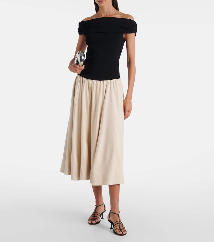 Simkhai Adaline Off-the-shoulder Linen-blend And Recycled Satin-jersey Midi Dress In Multi