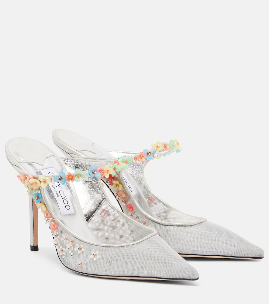 Jimmy Choo Bing Daisy 100 Embellished Mesh Mules In Silver