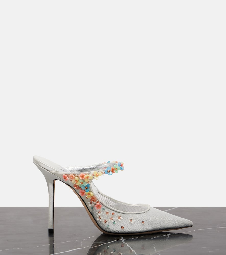 Jimmy Choo Bing Daisy 100 Embellished Mesh Mules In Silver