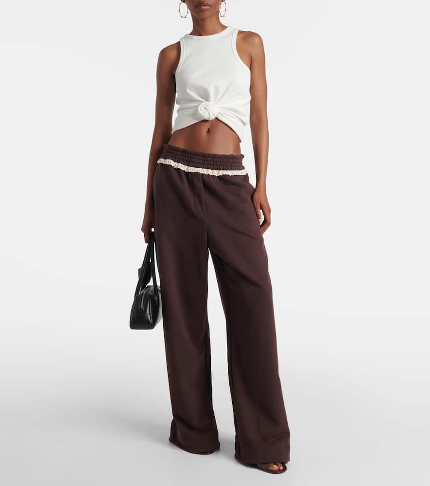 Magda Butrym Crochet-trimmed Cotton-jersey Wide-leg Track Pants In Brown