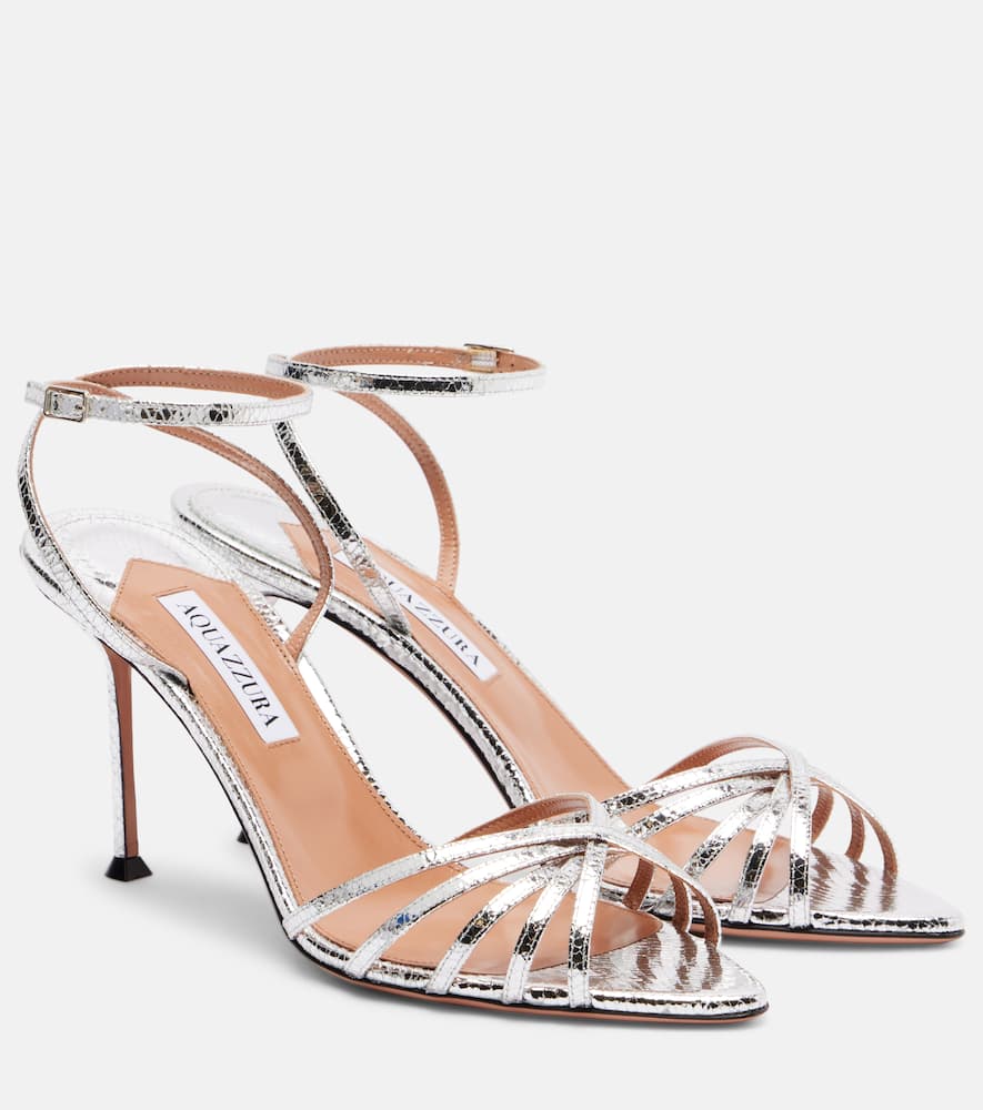 Aquazzura Tell Me 85 Snake-effect Leather Sandals In Silver