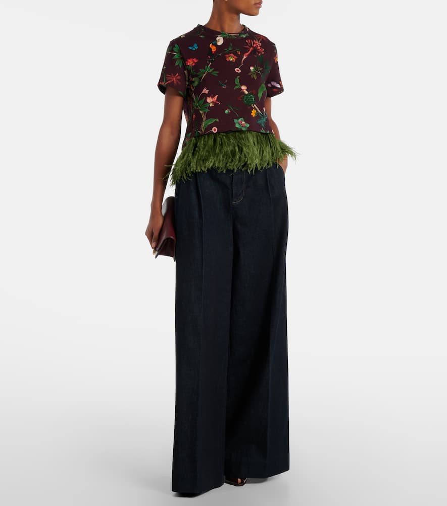 La Doublej La Scala Feather-trimmed Printed Cotton T-shirt In Multi