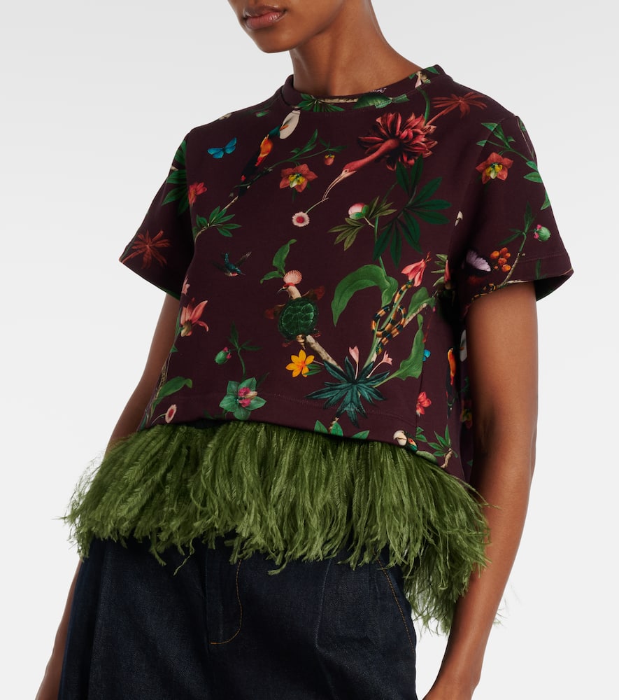 La Doublej La Scala Feather-trimmed Printed Cotton T-shirt In Multi