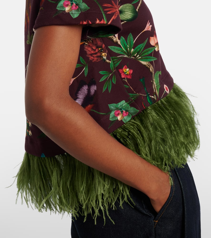 La Doublej La Scala Feather-trimmed Printed Cotton T-shirt In Multi