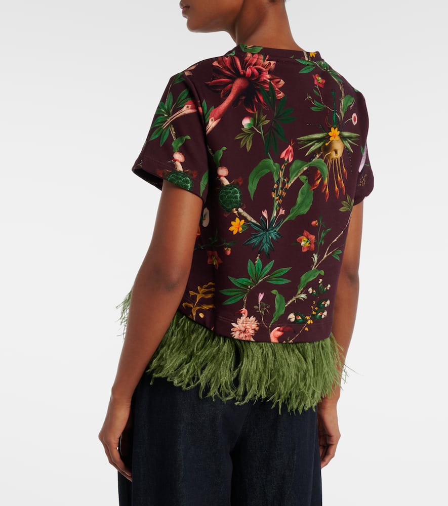 La Doublej La Scala Feather-trimmed Printed Cotton T-shirt In Multi