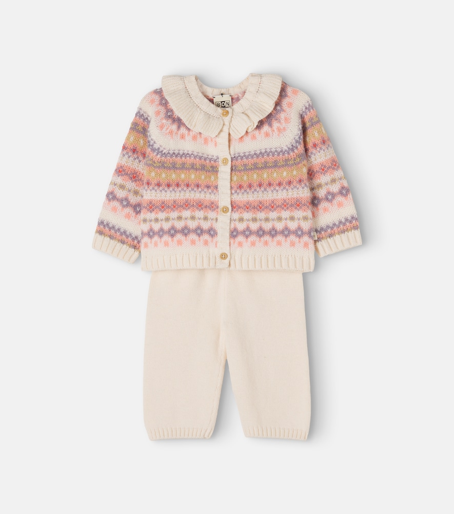 Bonton Baby Papillon Cotton And Wool-blend Cardigan And Pants Set In Multicoloured