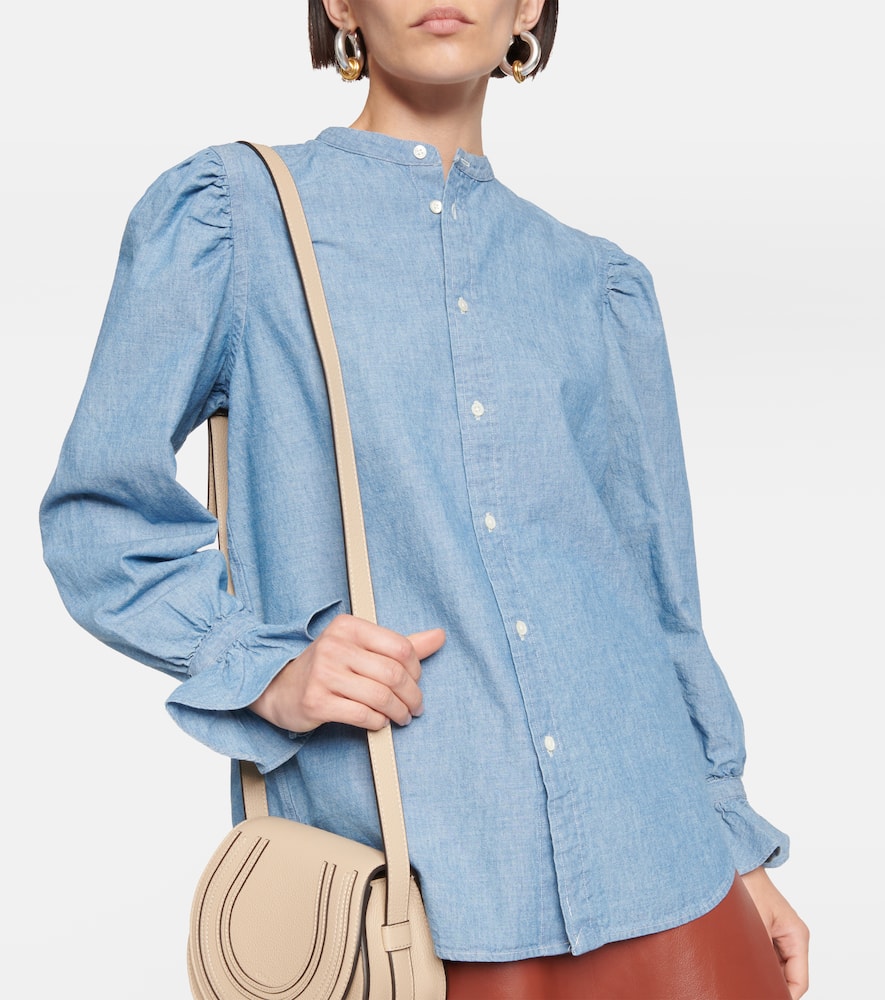 Shop Polo Ralph Lauren Frill-trimmed Cotton Blouse In Chambray