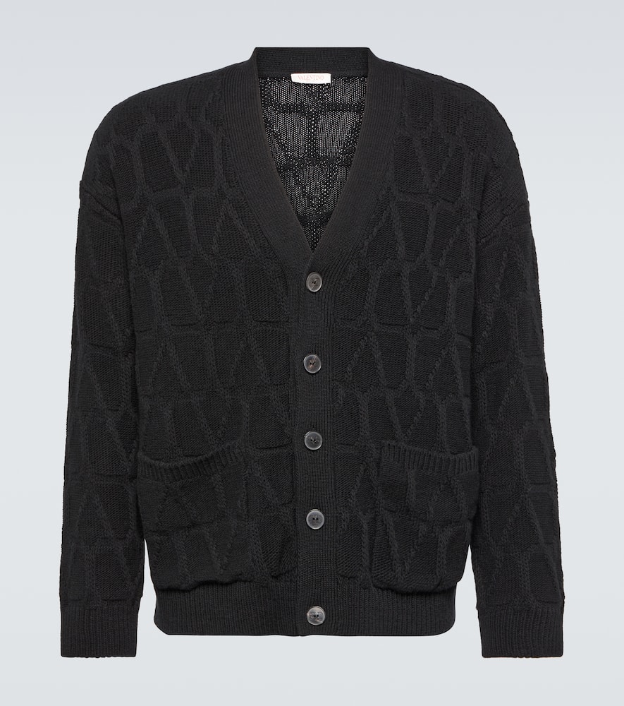 Valentino Textured Wool Cardigan With Embroidered Motif In Black
