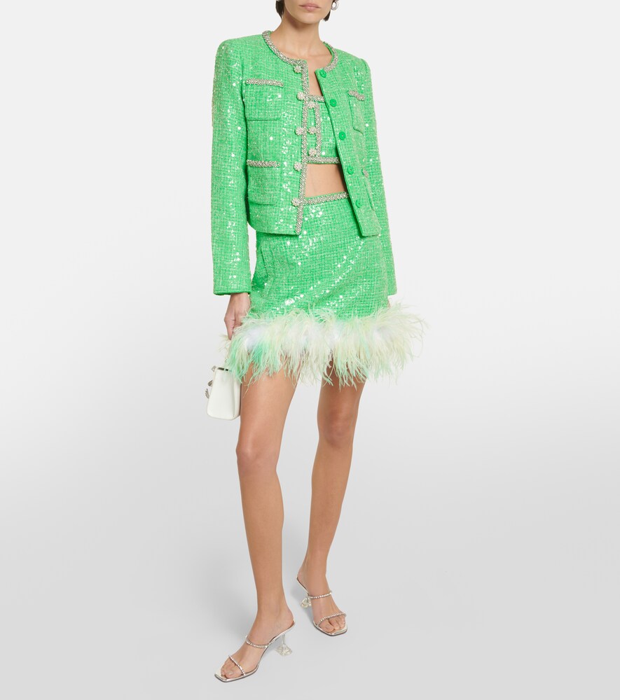 Feather-Trimmed Sequined Bouclé Miniskirt