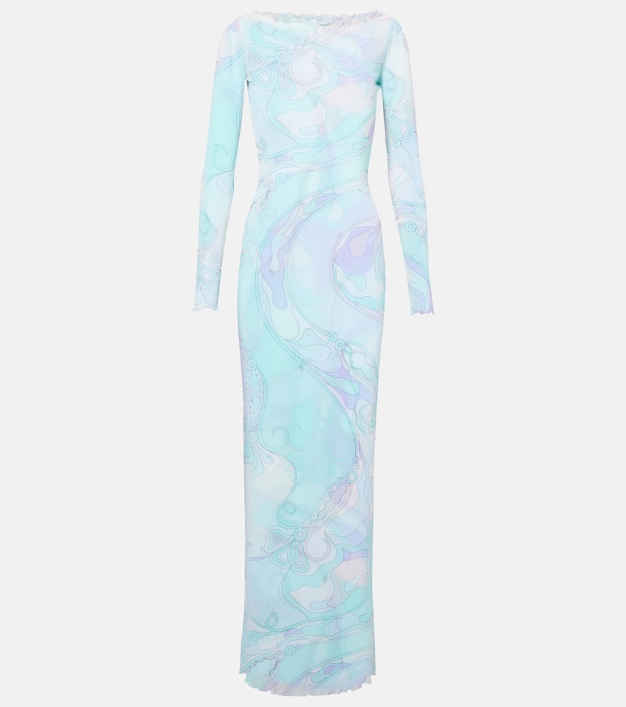 Pucci Orchidee Tulle Maxi Dress In Blue