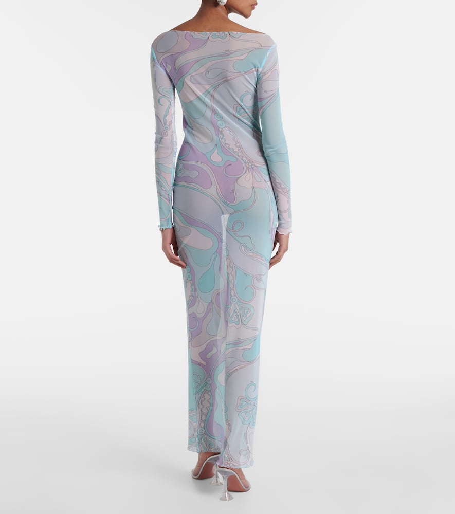Pucci Orchidee Tulle Maxi Dress In Blue