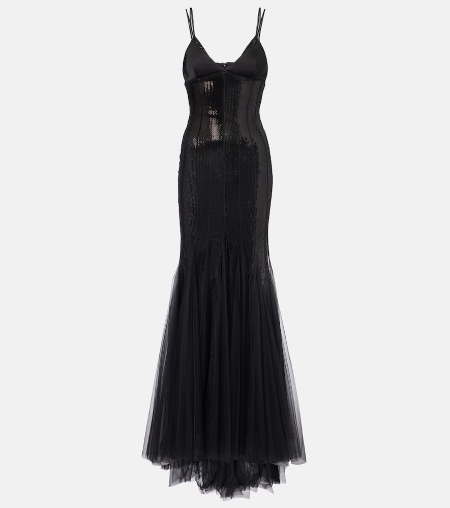 David Koma Sequined Tulle And Satin Gown In Black