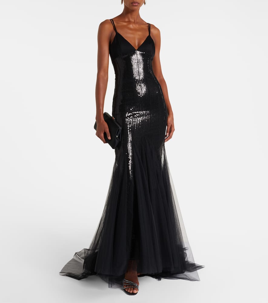 David Koma Sequined Tulle And Satin Gown In Black