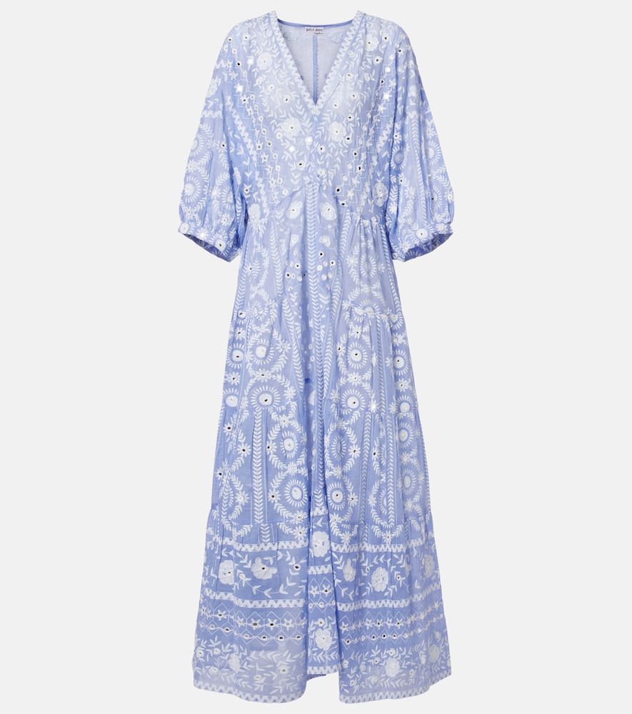 Juliet Dunn Sequined Floral Cotton Maxi Dress In Blue