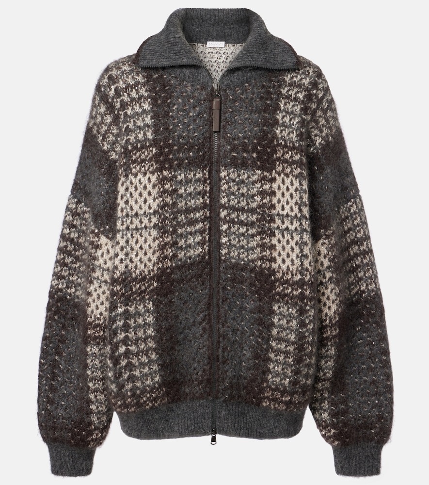 Brunello Cucinelli Checked Sequined Cardigan In Gray