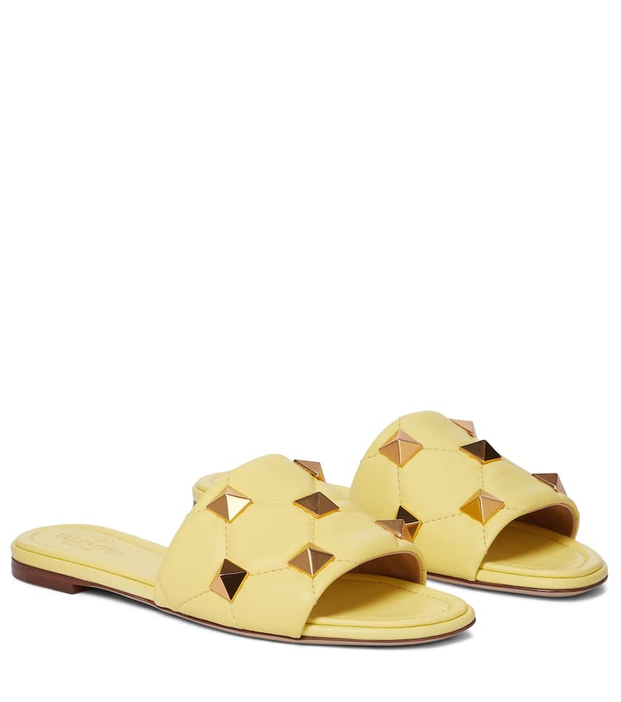 Valentino Roman Stud Flat Slide Sandals In Yellow