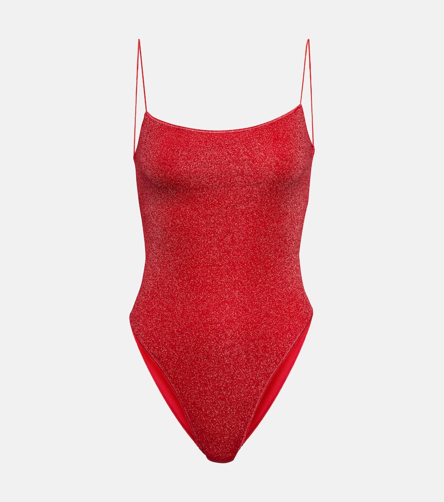 Shop Oseree Lumière Square Lamé Swimsuit In Red