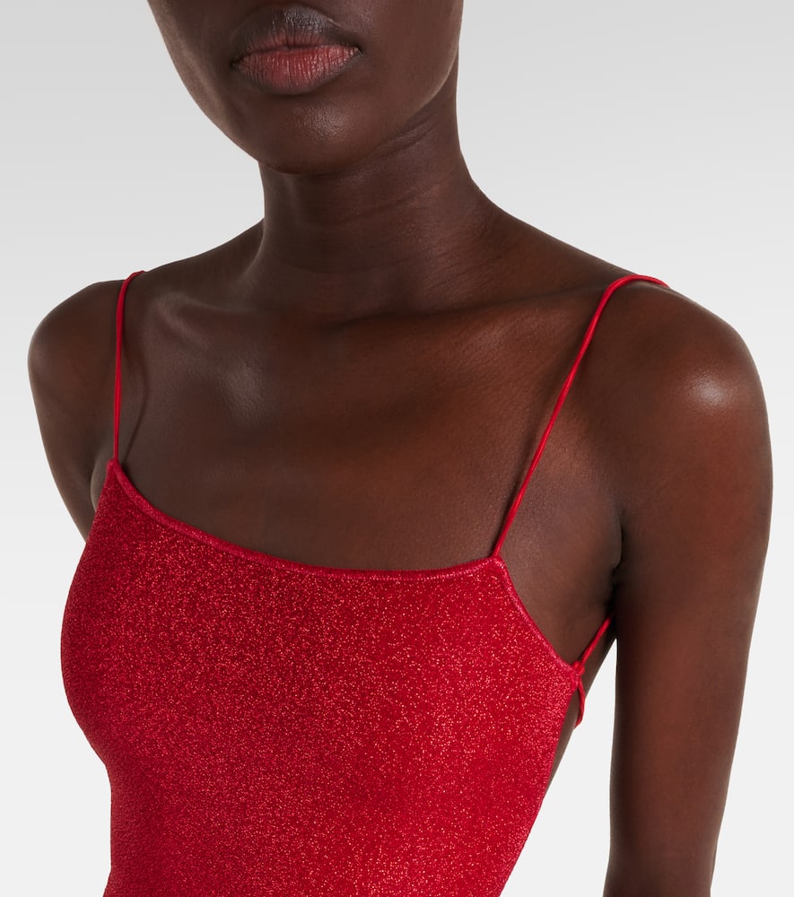 Shop Oseree Lumière Square Lamé Swimsuit In Red