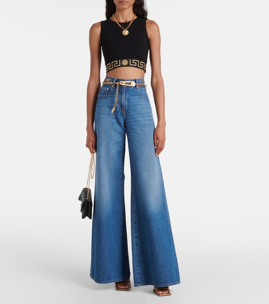 Versace Greca Border Cropped Tank Top In Black