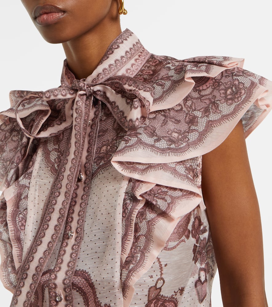 Shop Zimmermann Crush Embroidered Ruffled Linen And Silk Top In Pink