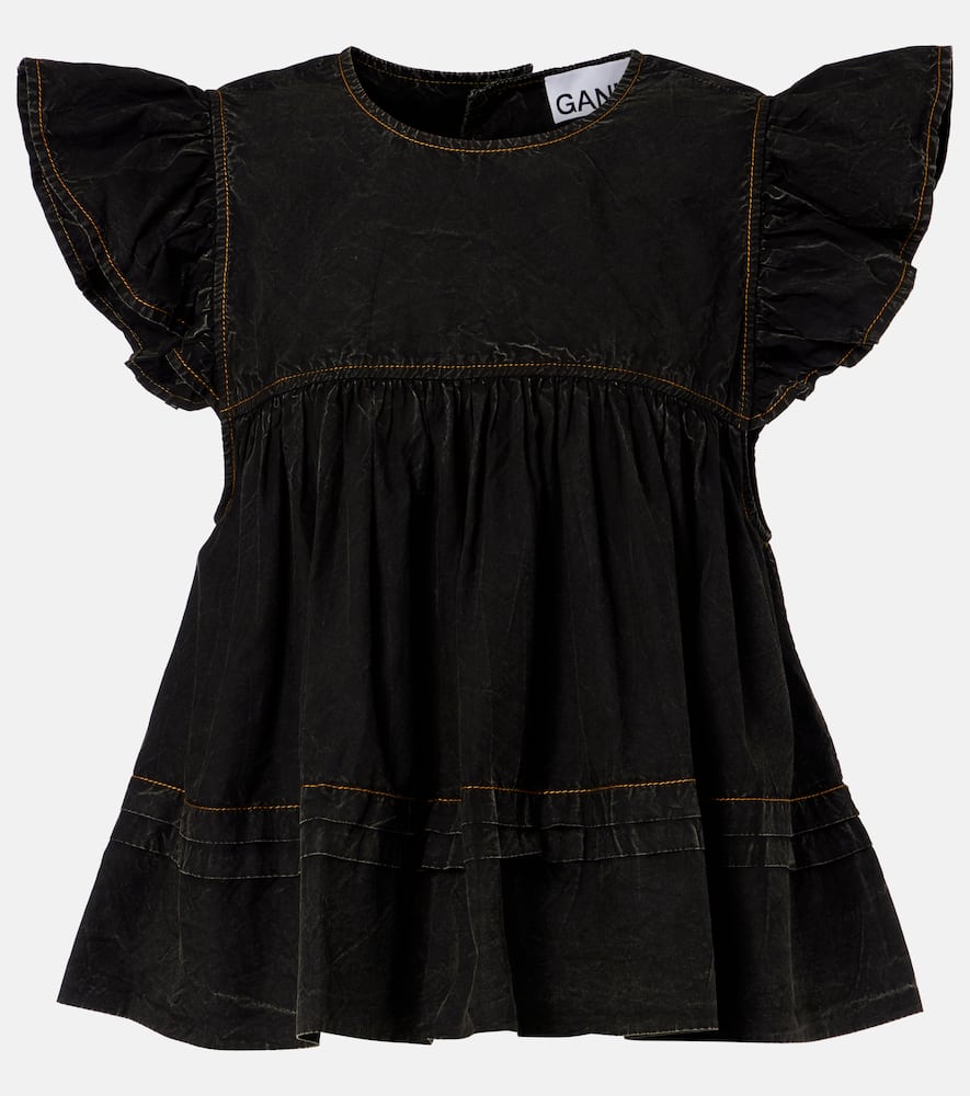 Ganni Garment-dyed Flutter-sleeve Babydoll Top In Black