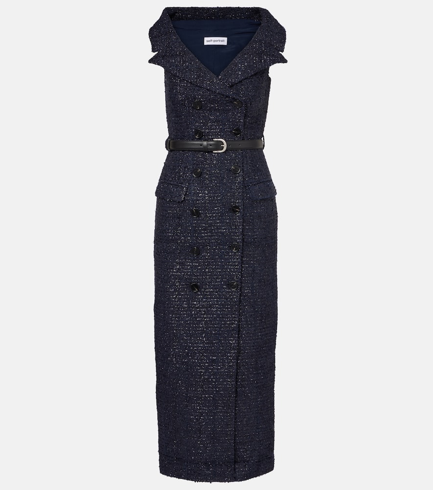 Self-portrait Belted Bouclé Midi Dress In Blue