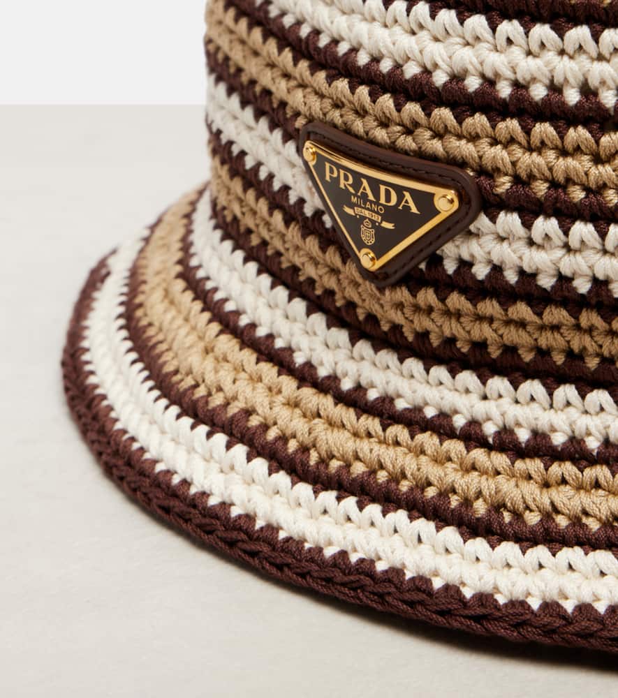 Prada Logo Cotton Crochet Bucket Hat In Brown