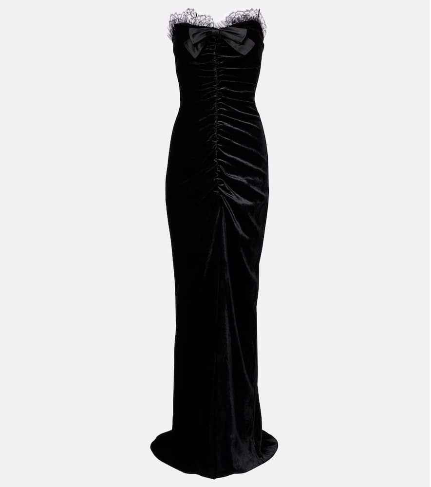 Alessandra Rich Bow-detail Ruched Silk-trimmed Velvet Gown In Black