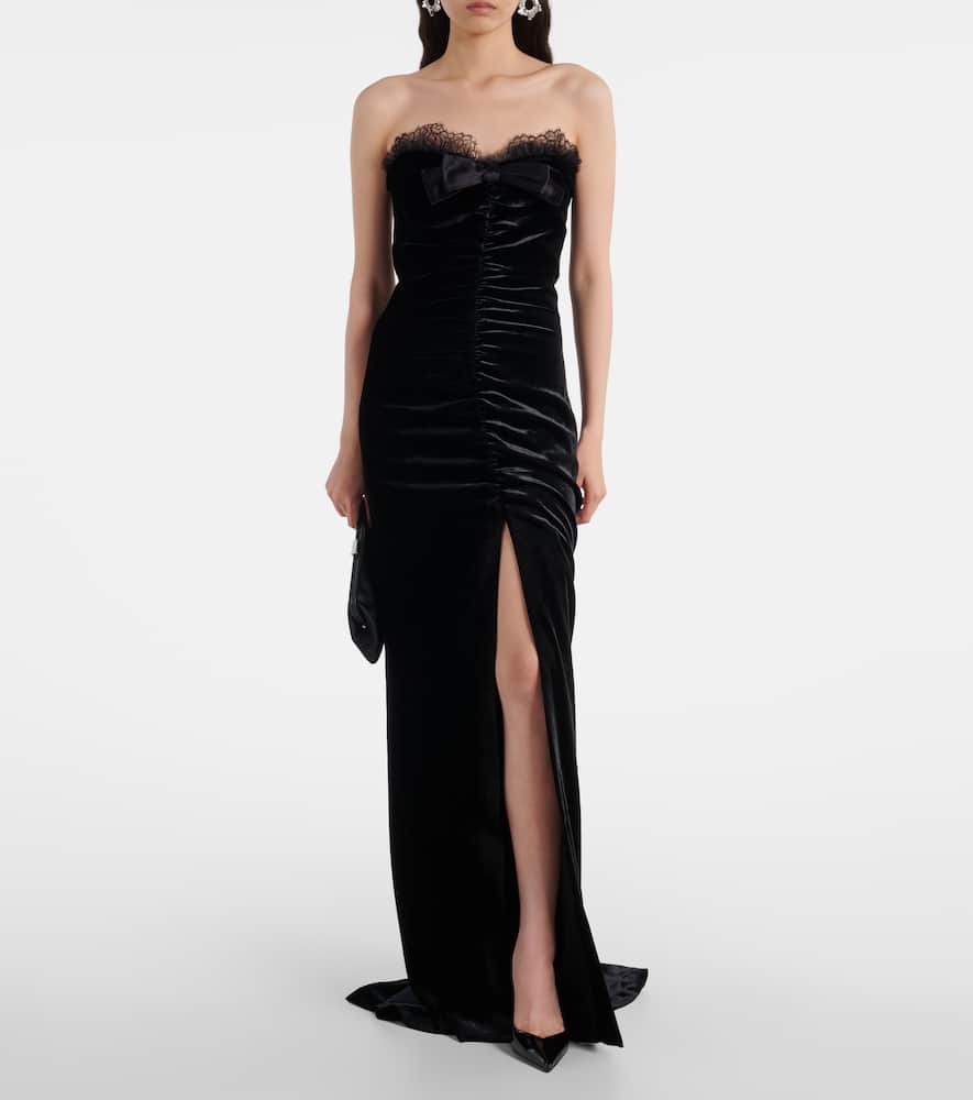 Alessandra Rich Bow-detail Ruched Silk-trimmed Velvet Gown In Black