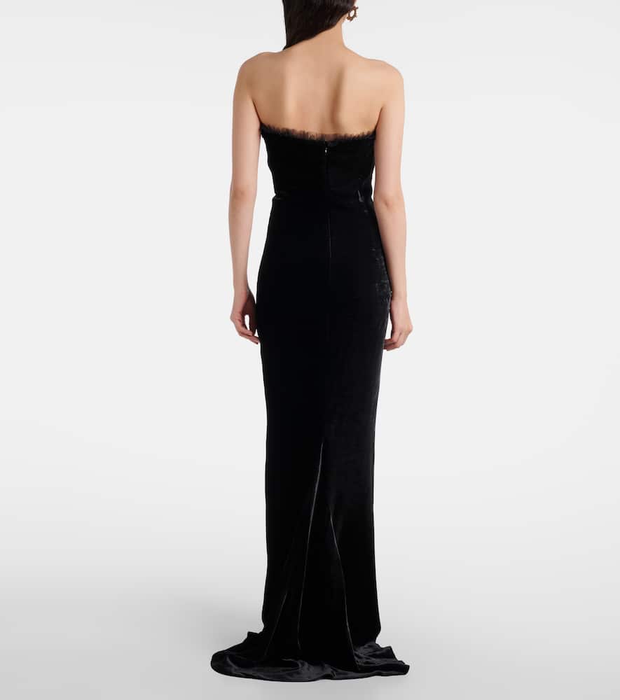 Alessandra Rich Bow-detail Ruched Silk-trimmed Velvet Gown In Black