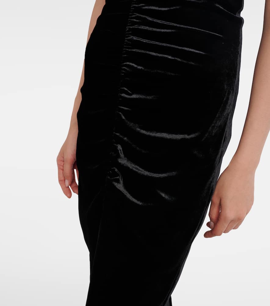 Alessandra Rich Bow-detail Ruched Silk-trimmed Velvet Gown In Black
