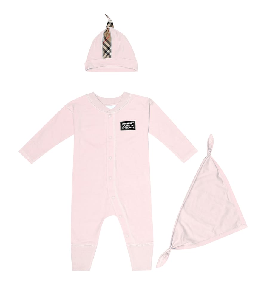 Click to view more detailed imagery on our partner's website Burberry Baby Cotton Onesie, Hat And Bib Gift Set In Pink