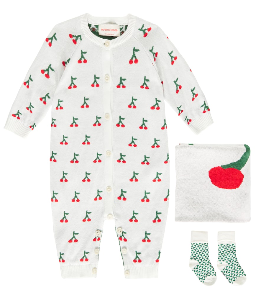 Bobo Choses Baby Cherry Onesie, Socks, And Blanket Set In Blue