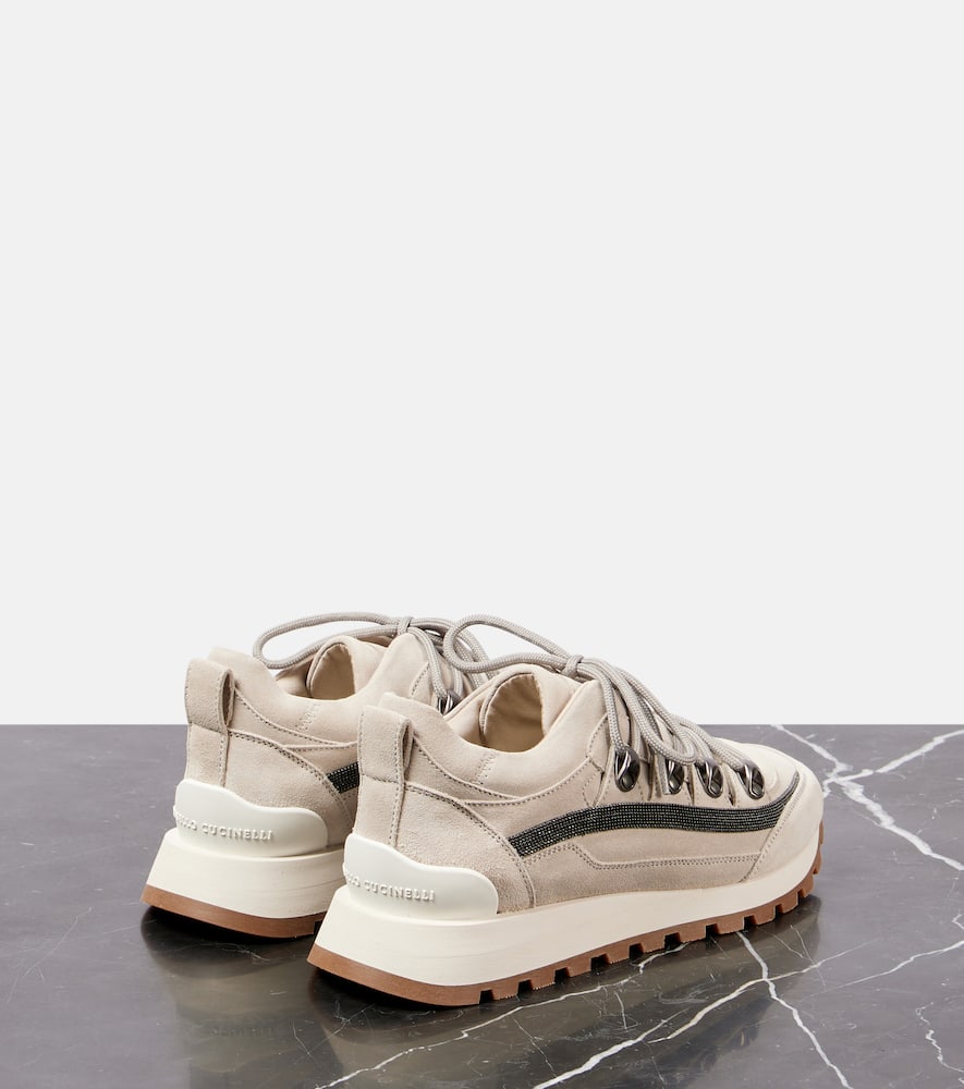 Brunello Cucinelli Monili Embellished Suede Sneakers In Grey