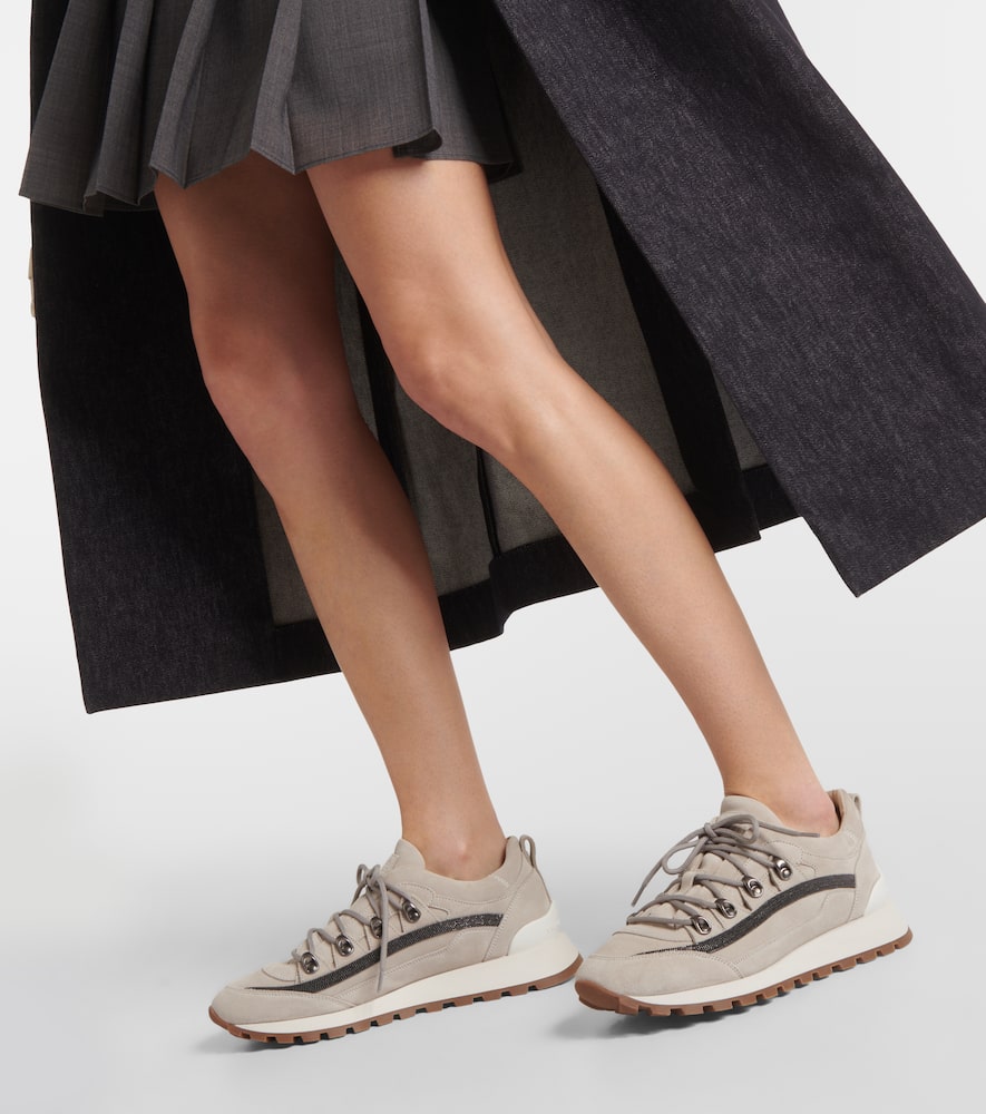 Brunello Cucinelli Monili Embellished Suede Sneakers In Grey